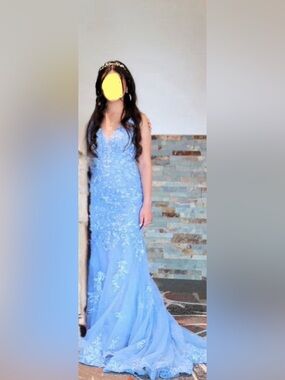 Light Blue Embroidered Lace Mermaid Prom Dress